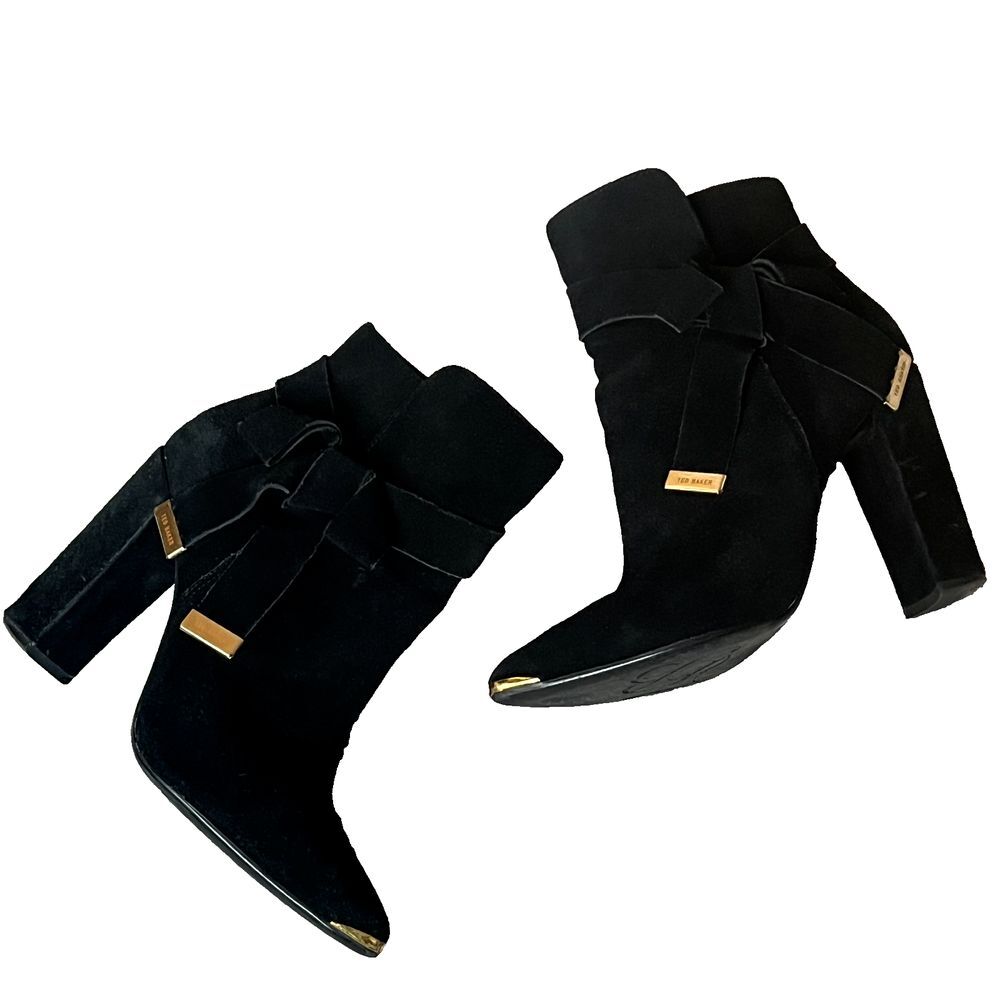 Ted‎ Baker Sailly Black Suede Bow Pointed Toe Block Heel Ankle Boots Womens US 7